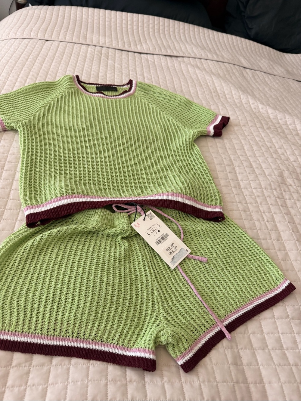 Zara Lime Green Knit Short Set with Pink and Brown Trim - Picture 5 of 5